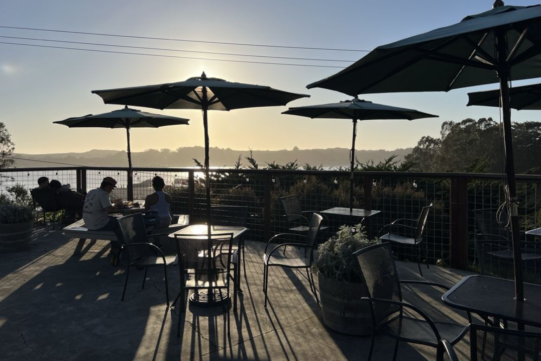 Golden-hour sunset over the patio at The Birds Cafe in Bodega Bay