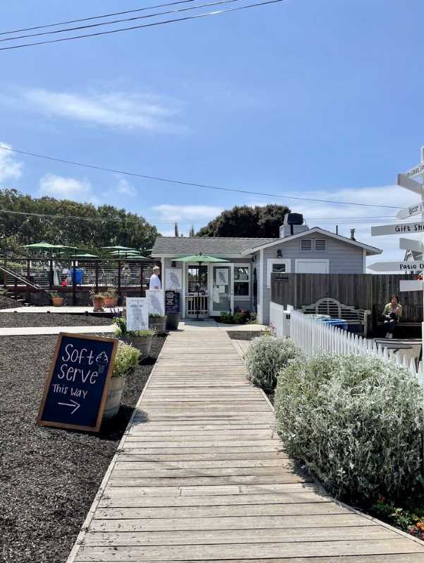 Boardwalk entrance to The Birds Cafe with directional signs to the patio and gift shop